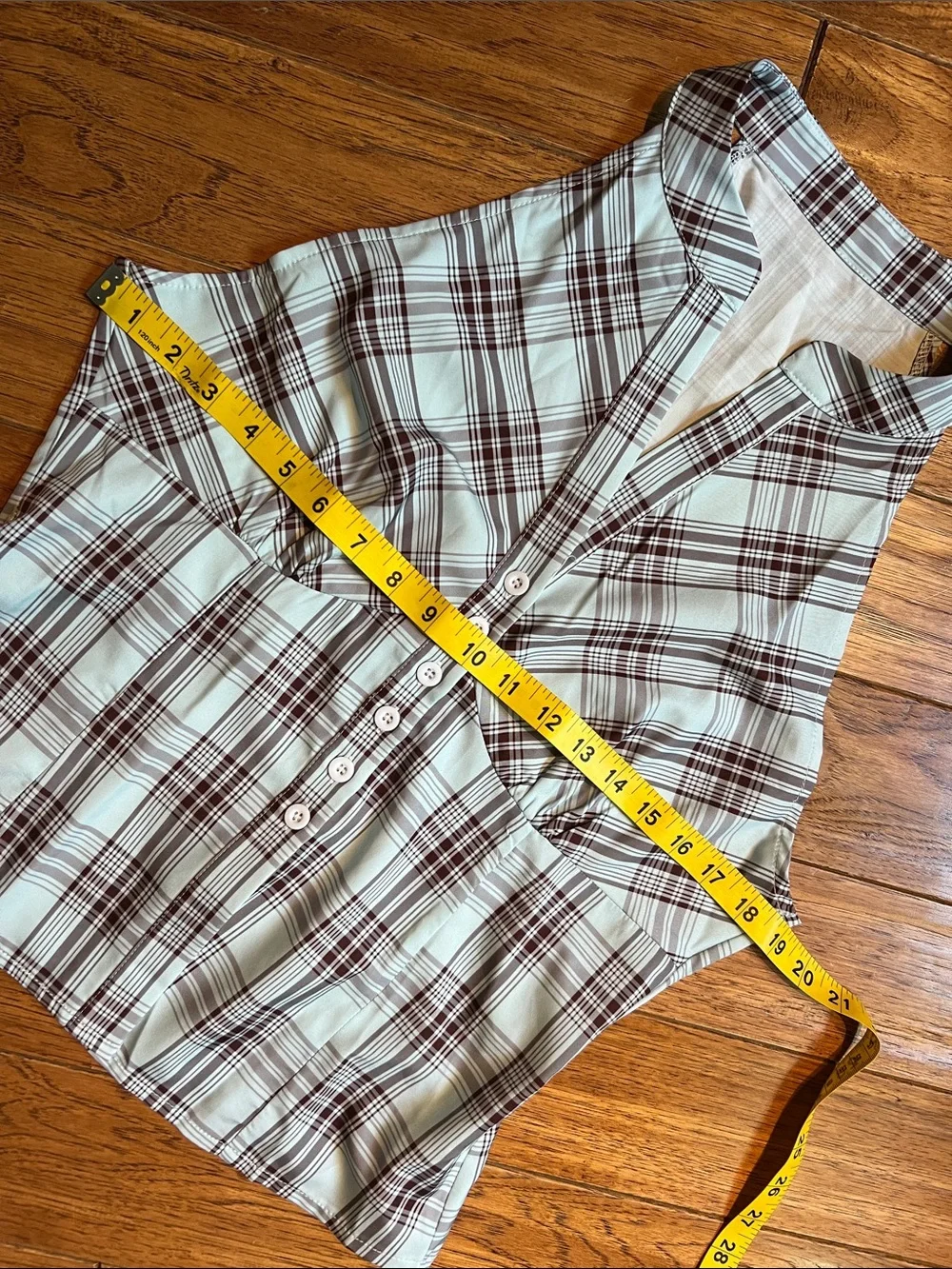 Plaid Button-Front Sleeveless Top in Light Blue and Brown